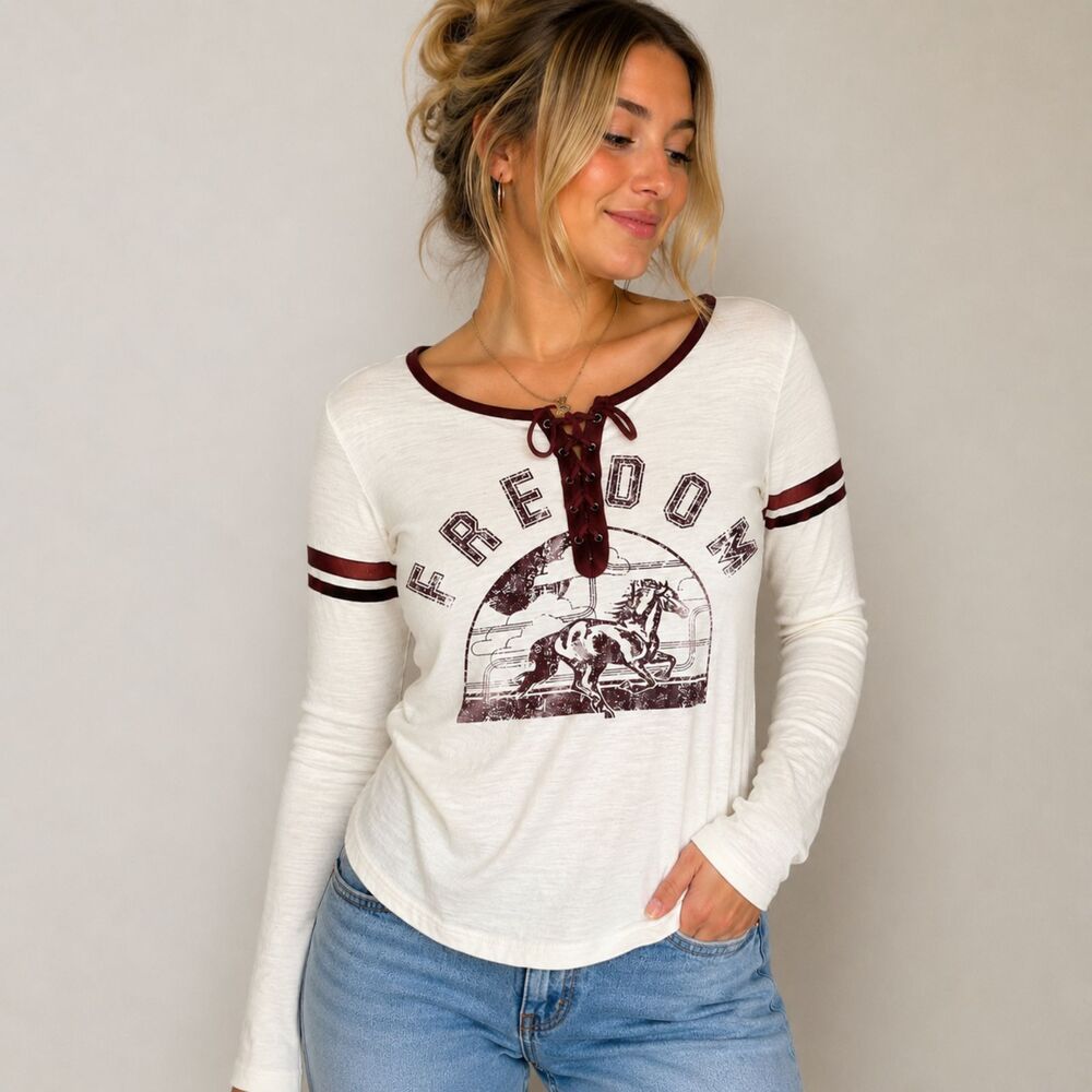 Forever 21 Women’s Small Ivory Burgundy Western Horse Graphic Lace Up Top